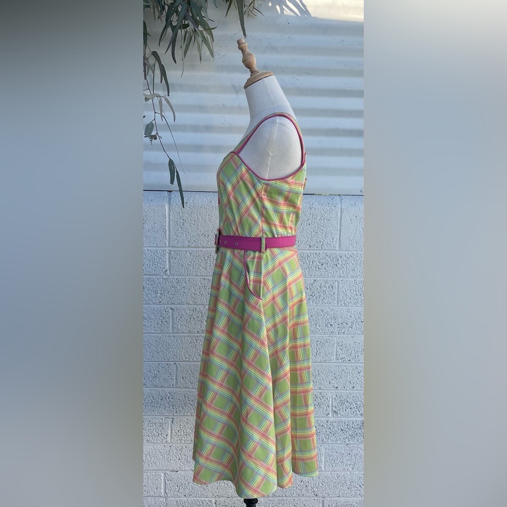 💖Voodoo Vixen Vintage Plaid Dress Heart Belt Green Pink Size M - Picture 8 of 12